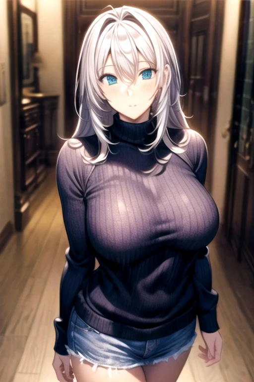 masterpiece, Highest quality, Very detailed, Intricate details, Sparkling, Shining Light, Cinema Lighting, Perfect lighting, Ray Tracing, High resolutionR, Depth of written boundary, (Perfect Face, Detailed face, Detailed eyes, Glowing Eyes, Shining Eyes), Beautifully detailed face and eyes, High resolutionのイラスト, 8k,High resolution, Dark intense shadows, Exposure, View your viewers,
Aggressive women, (Mature Woman), Mature Woman, (Big Breasts), Cleavage, Curvy, Sensual, Captivating smile, (Mischievous face), beautiful Detailed eyes,
Sigma 400mm f1.8, Photo fine print, Incredibly sharp focus, Super detailed, Silver Hair, Upper Body, belly button, Large Breasts, Race Queen, Black jacket, blue eyes, Cat ear, Long Hair, sleepy, Sweat, breathe, Soft Skin, indoor, Afterglow
