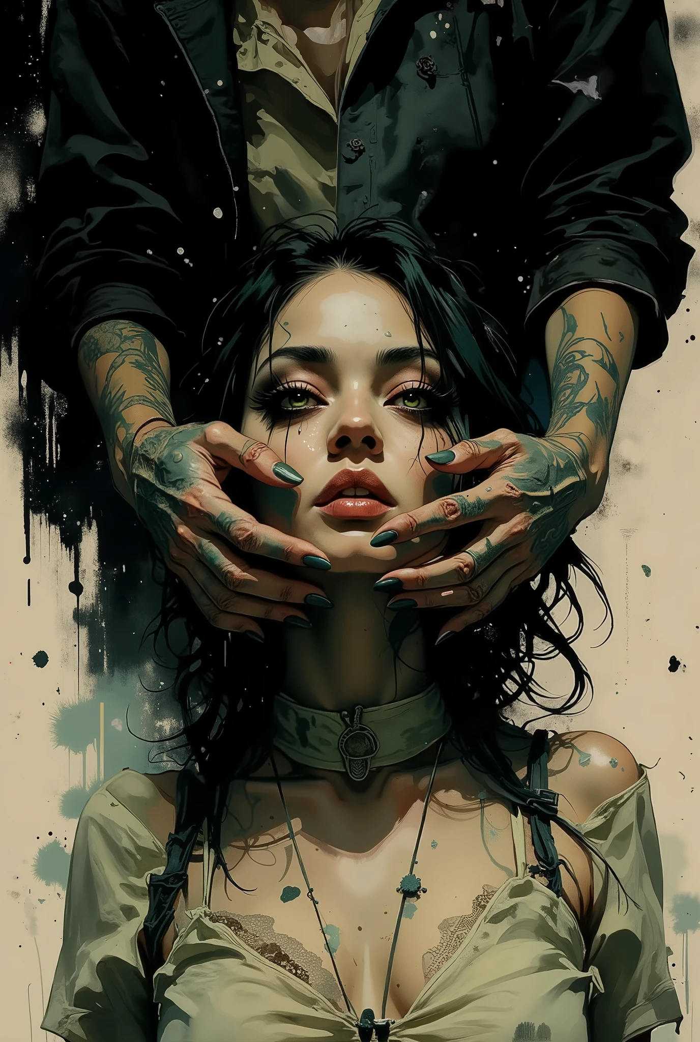 Portrait of a young European girl in close-up, probably 18-25 years old, with a scared and helpless expression on her face. The image is made in a dramatic, almost Gothic style. The upper part of the image is black.The first scary black hand of the monster wraps around the top of the girl's head, merging with the black hair and background. The lower half of the image is made in light beige tones. The girl's light cream blouse with a high blind collar, possibly lace, merges with a light background. The second scary black hand of the monster covers the girl's mouth from behind her back. The sharp black nails contrast with the soft tones of her clothes. Her makeup uses rich green eye shadow, pronounced black eyeliner, false eyelashes and dark eyebrows, which gives her a mysterious charm in a kawaii style. Her eyes are a striking greenish-yellow shade, conveying both tension and vulnerability. She has long black hair, slightly curly, framing her face. The monster's two hands, scary and hairy, with sharp, spectacular nails, are carefully crafted. The texture of the hands resembles a dark, almost moist substance. The overall color palette is muted and spectacular, with deep grays, blacks, and pale cream tones dominating the image. Muted and effective lighting creates shadows that enhance the emotional intensity and shape of the object. The painting is filled with a subdued, eerie and somewhat haunting atmosphere. The composition was shot in close-up from a small height, which draws attention to the emotional center of the heroine and her hands covering her face. The style is reminiscent of dark fantasy illustrations and oil paintings, emphasizing depth and texture. Stylized digital art. High quality.