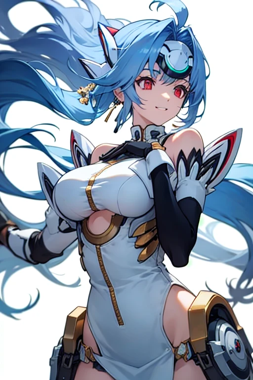 tomoe, aqua hair, long hair, ponytail, red scarf, hair between eyes, curvy, huge breasts, anatomically correct, (shaded face:1.2), hollow eyes, red eyes, looking at viewer, heavy breathing, smirk, uppert teeth, huge breasts, outfit-gh2, elbow gloves, thighhighs, blush, "Photorealistic, Hyperrealistic, Hyperdetailed, analog style, soft lighting, subsurface scattering, realistic, heavy shadow, masterpiece, best quality, ultra realistic, 8k, golden ratio, Intricate, High Detail, film photography, soft focus"