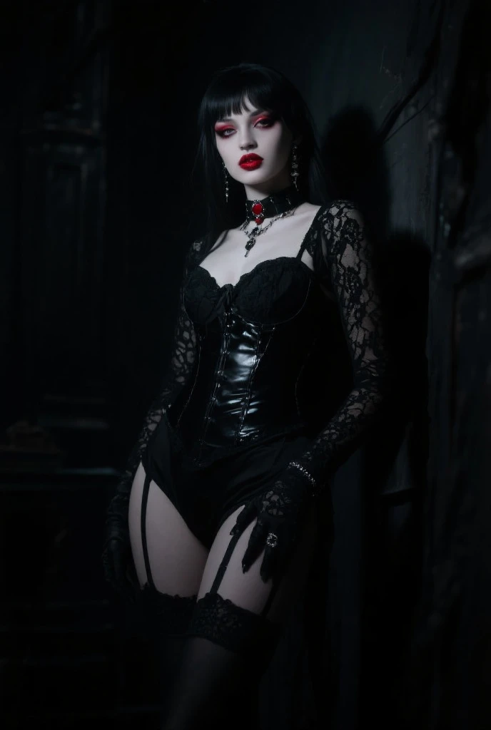 highest quality, masterpiece, 4k, sharp focus, cannon D700,  full body portrait of a gothic woman in black metal outfit and lingerie, art by rfktrstyle