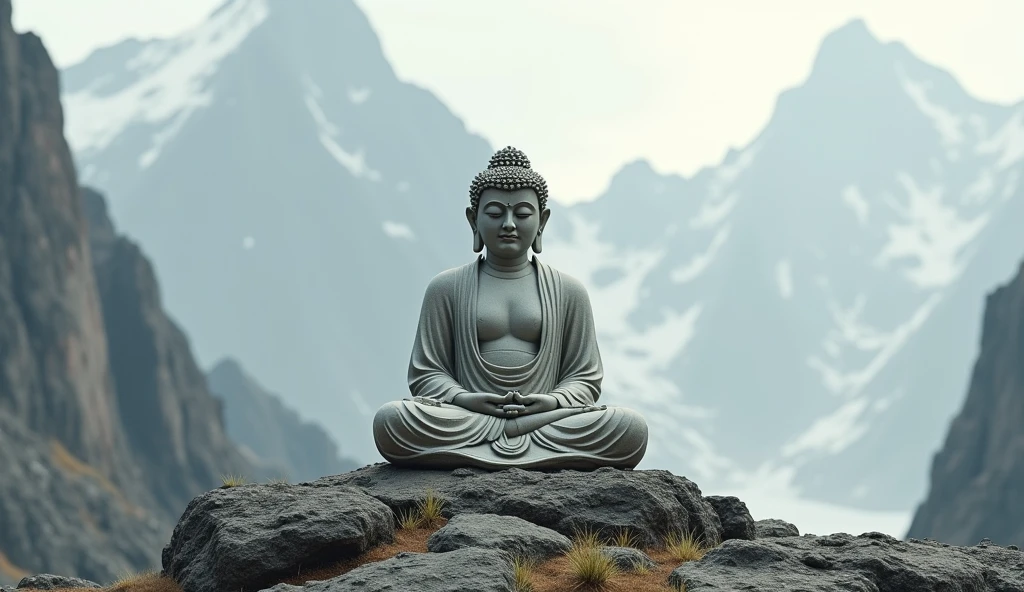 Mahavira grey statue, less detailed, with no drape on cheat , meditating, on a big mountain