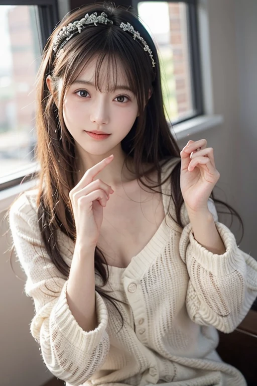 masutepiece、Best Quality、Illustration、 Ultra-detailed、finely detail、 hight resolution、8K Wallpaper、Perfect dynamic composition、Cute 24 year old woman、A detailed face、A detailed eye、Textured skin、discret smile、tiny chest、Bold sexy poses、Duffel coat、up of face、