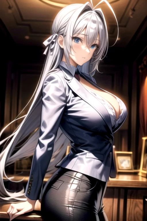 (Highest quality, High resolution, Very detailed), 1 female, Silver Hair, Long Hair, Reddish brown eyes, suit skirt, Nude, pussy, vaginale, ((pussy juice)), secretary, 24th generation, Beautiful woman, mature, quiet, Calm, Large Breasts, A small smile, office,