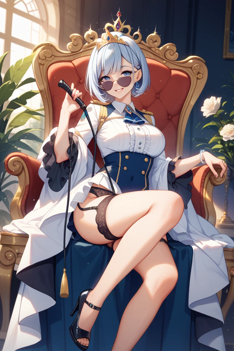 masterpiece, best quality,rem, 1girl, solo, (venus bikini:1.2),hair flower, hair ornament, flower, full body, white flower, red eyes, glasses, smile, looking at viewer, highly detailed vilage background, blush,