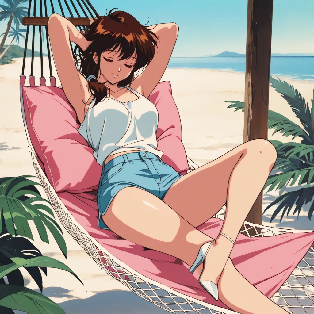 A girl, 80s anime style, retro, lo-fi, piercing, tank top