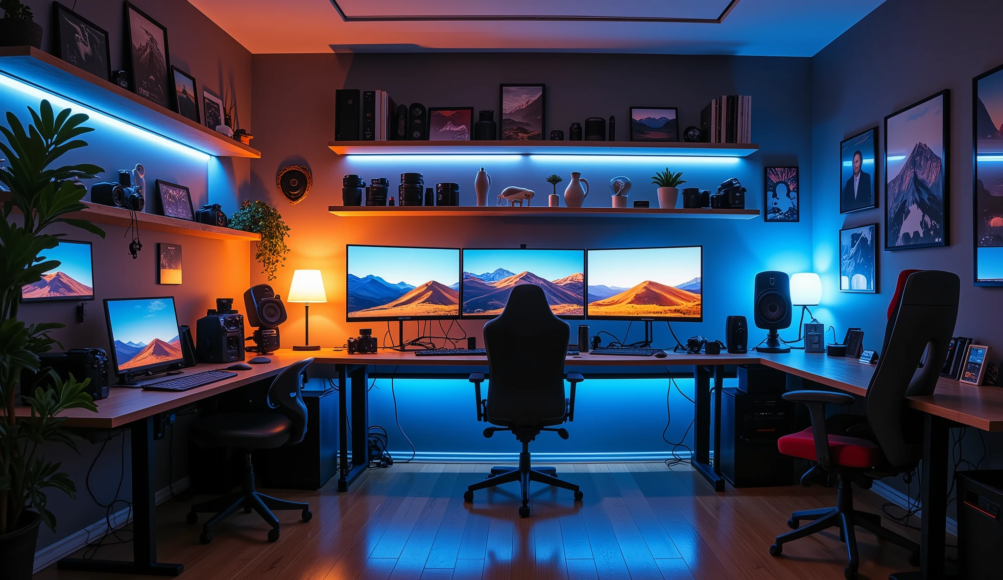 Create an image of a modern photo editing room with a deep perspective that highlights the immersive and creative environment. The room features a sleek desk equipped with a high-performance computer dedicated to photo editing, multiple high-resolution monitors displaying landscape images in different stages of editing.
Soft, balanced ambient lighting fills the room, combining white LED lights and warm tones to create a welcoming and productive environment. Organized shelves display accessories such as cameras, lenses, memory cards, cables and small inspirational objects. The walls are decorated with posters of great photographers or visual references for creative stimulation.
The room has a clean, minimalist and professional aesthetic, with neutral tones and carefully chosen details to support the photographer's concentration and creativity.
I don't want chairs, I don't want people in the image.