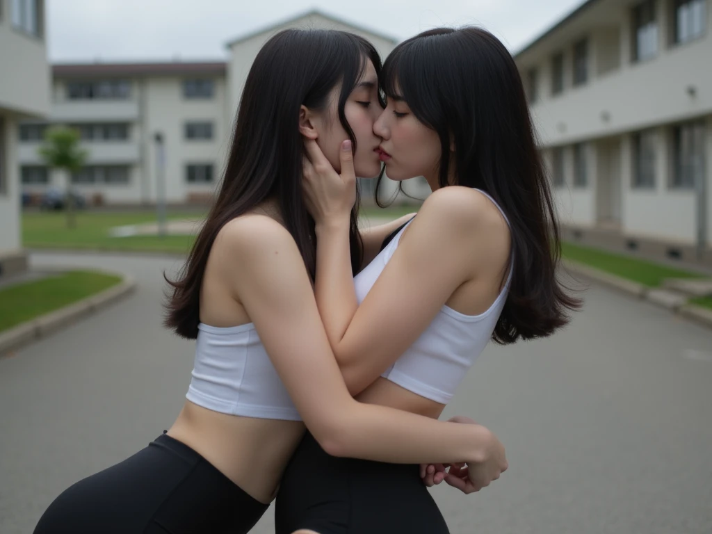 (2 girls:1.2), (a detailed full-body RAW photo of a girl), (masutepiece:1.0), (Best Quality:1.4), (超A high resolution:1.2), (Photorealistic:1.4), 8K resolution, Canon EOS R5, 30mm, absurderes, ultra-detailliert, (30 year old), Sharp Focus, Cinematic lighting, Detailed beautiful face, (no-makeup:1.2), (ulzzang -6500-v1.1), petite figure, Detailed skin texture, flat chest, (skinny and fit body:1.6), Detailed brown hair, sweltering,(Very short hair:1.5), (Very thin black Nike competitive sports bra and spandex tights:1.5), See-through, realistic glistening skin, (Sweating:1.2), detailed texture, (Japan athletes:1.5), (flat chest:1.5), (Erect nipples:1.2), (Wet body:1.2), (hug and Look at each other:1.5),(Stick out your tongue and kiss hard:1.5), nsfw, face flont, (nude:1.5)