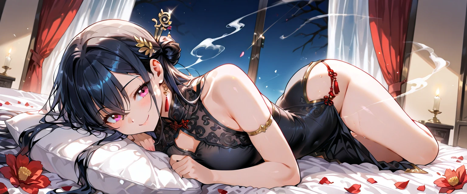 Chinese Ancient Architecture,night chinese background, solo,a girl,170cm height,45CM bust,Pink medium long hair,Purple eye,Black underwear,night,gentle,ssmile, ((black pantyhose)),indoors,on top of the bed,(((With bare arms))) ,With bare arms,mitsukasa ayase