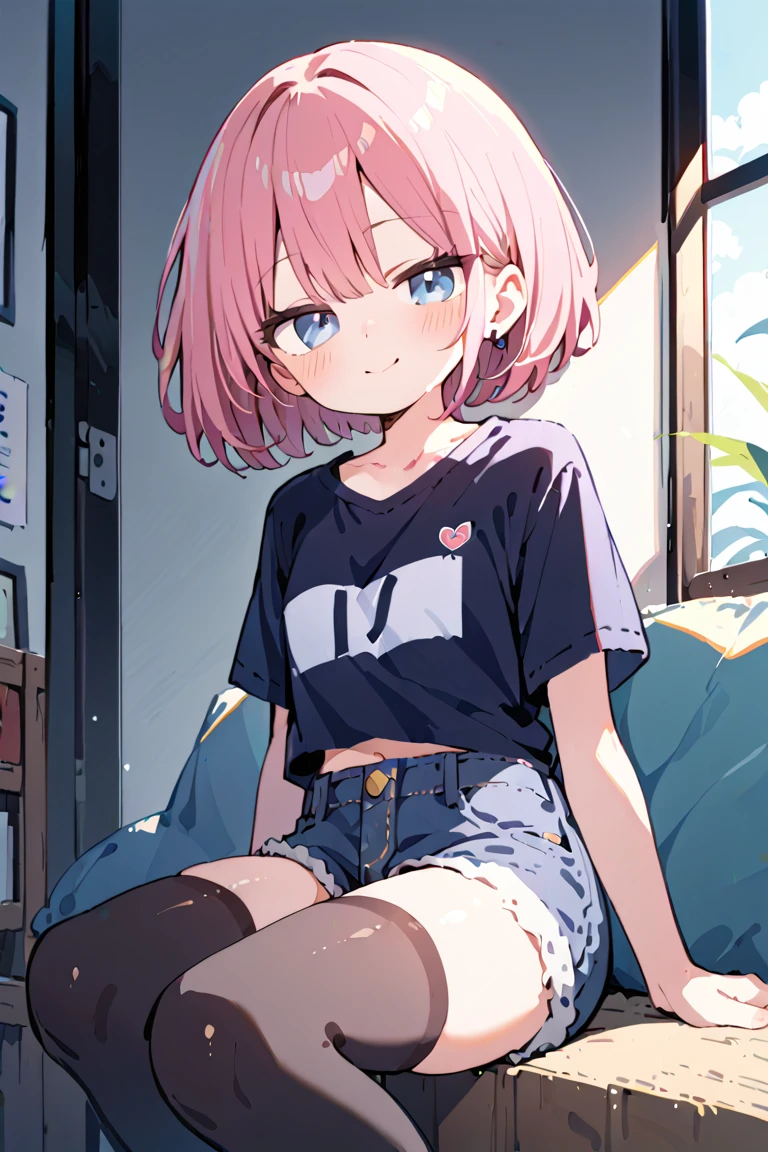 1 girl, Colorful clothes, Navy Hair, Short Bob, Shorts,Jacket,Open chest, Exposed Skin, Expressionless, Triangle sitting, Pink Eyes, ((Navy Hair, Heart Eyes)), Pale background,16 years old, Colorful Hair, Messy Hair, tonalism, Romanticism, modern art, Impressionism, reflected light, 8k, masterpiece, Advanced Details, highest quality, Accurate