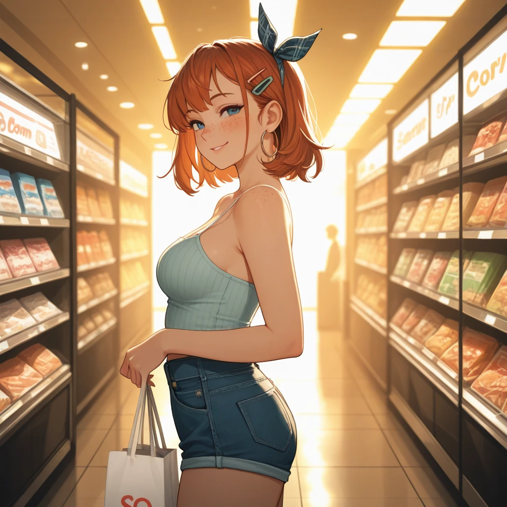 1 woman, wavy orange hair, green eyes , sly face , glasses , white tank top , black panties , abdomen, big breasts , Put your hands on your hips..... , spread your legs , canvas shoes , convenience store
