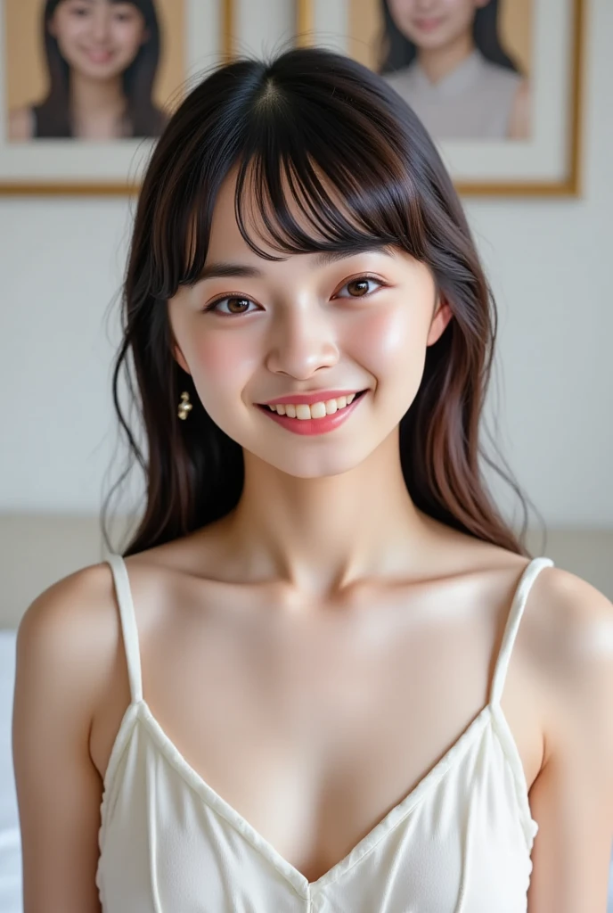 (masterpiece, Highest quality:1.4), Award-winning full-body photography, 8k, 85mm, alone, Beautiful Face,14 Talents、nice smile、Nude photoshoot、 necklace、Great style、Cute face like a Japanese idol、Standing next to the bed、Delicate woman, Baby Face、Beautiful Eyes、Beautiful clavicle、(((Topless)))、Cute hairstyle、Shapely breasts、Blushing and embarrassed