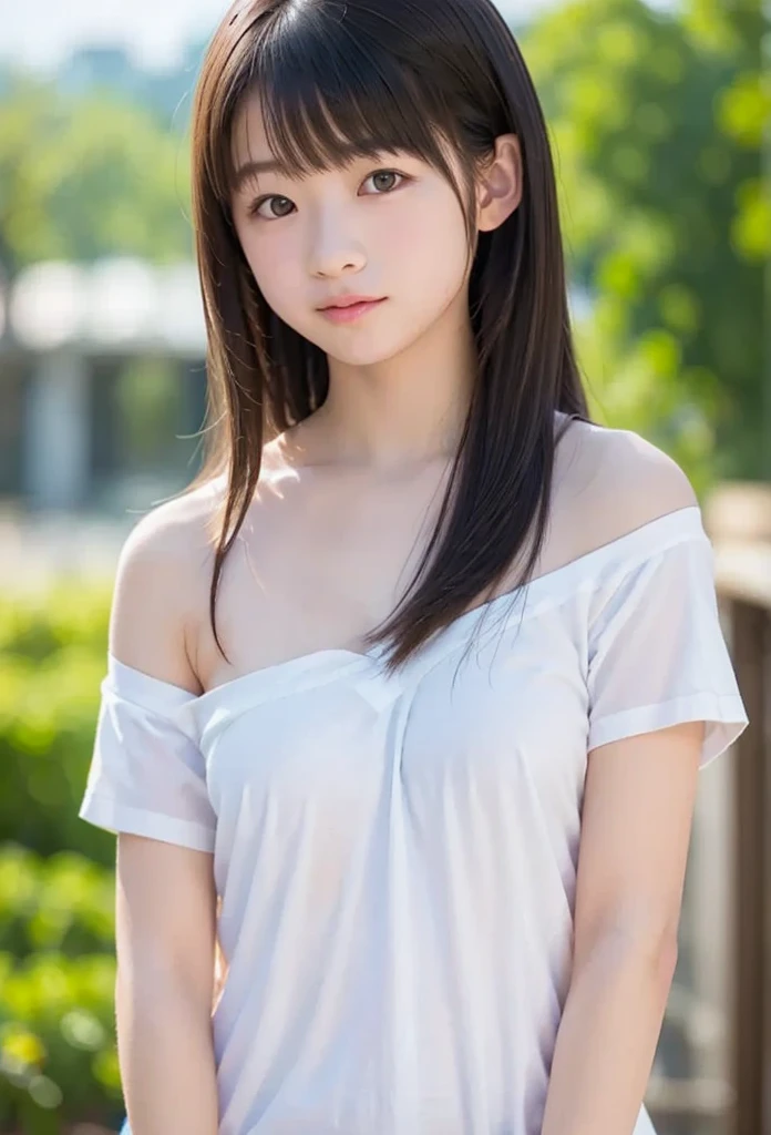 highest quality, High resolution, Realistic photo, Detailed skin texture, ((Cute 12 year old Japanese girl wearing a see-through short white camisole)), View your viewers, Slim figure, Attractive gaze, Fair skin, (Flat Chest:1.5), Straight long hair, (loli:1.2), In the park with cherry blossoms falling