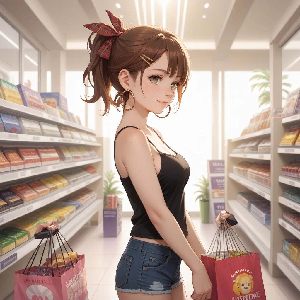 masterpiece,highest quality,official art,Highly detailed CG Unity 8K wallpaper, 1 cute tanned girl, black bra,black bikini,flat chest,toned body,barefoot,shopping bag,Iinside the shopping mall,ponytail,blonde,I',smiling face tanned skin,Standing in a bright store,sexy pose,((ultra wide angle photo)),The entire body fits compactly in the center,full body,surrounded by people,