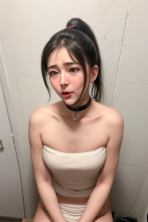 ((Highest quality)), ((masterpiece)), (detailed), Perfect Face, she is flat ,10 years old, small girl, slim, Black Bob, forehead, ((Frightened expression)), (crying), ((Off the shoulder)), choker, ahegao, looking at viewer, looking up,((single eyelid)), arms behind back, leaning forward, front face, close up, kneeling, White underwear