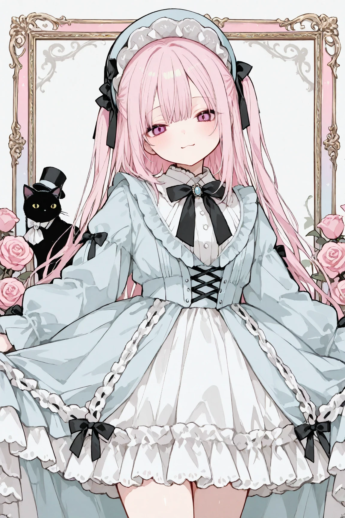 pastel,gothic ta fashion, twin cute girls, one in white dress, one in black dress, intricate lace and frills, victorian-inspired attire, holding large roses, cute gothic dolls, black cat with top hat, white cat with hat, pastel color scheme, elegant and detailed outfits, soft expressions, contrasting dark and light themes, vintage frame, whimsical atmosphere, fantasy style, kawaii aesthetic, delicate accessories, magical vibe