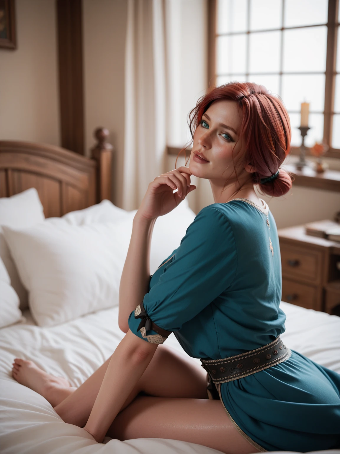 Jeune femme, environ 30 ans, le visage doux, les yeux bleus malicieux, un sourire aguicheur, les cheveux roux attachés, allongée dans une position suggestive, habillée d’une fine robe de soie noire, les épaules dénudées, une poitrine avantageuse mise en valeur, image très détaillée