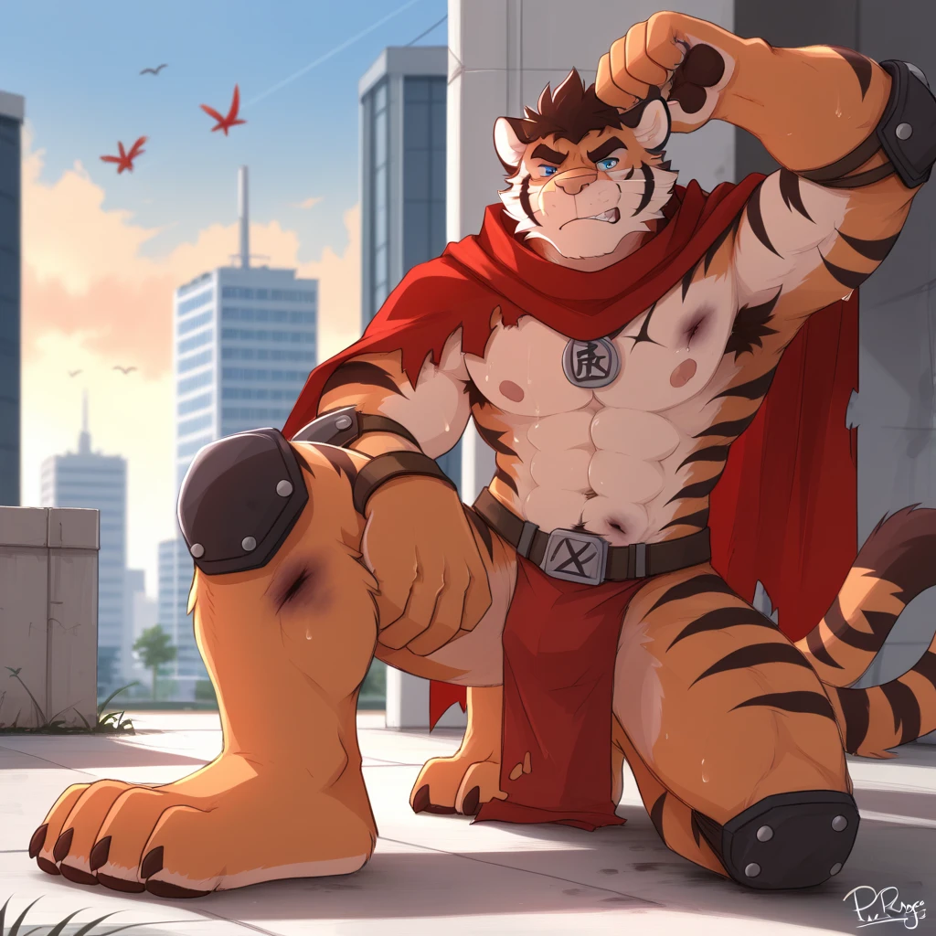 Lion, male, solo, adult, abs, pecs, nipples, older, strong muscles, firefighter, long mane, detailed face, beautiful eyes, firefighter outfit, open jacket, showing chest, muscular chest, muscular, serious face, bodybuilder body, beefy, outdoor background, bulge, looking_at_viewer, by bruteandbrawn, by personalami, by kenket, (intricate, high detail, film photography, soft focus, RAW candid cinema,
photorealism, realistic, photorealistic, analog style, subsurface scattering,
masterpiece, best quality, ultra realistic, 8k)