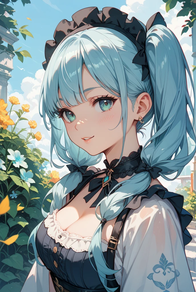 kitchin、There are a lot of apples、apple tree、(masutepiece:1.3), (8K, Photorealistic, Raw photo, Best Quality: 1.4), Beautiful face, (Realistic face), Beautiful detailed eyes, (Realistic skin), Attractive, Intricate details,Golden ratio, 1 girl,Naughty smile, (rainbow hair:1.4),((Long twintails,Ribbon 1.4)),Blue butterfly apron,(Blue Butterfly Hair Ornament 1.3)、There are apples、ringo(1.5)、