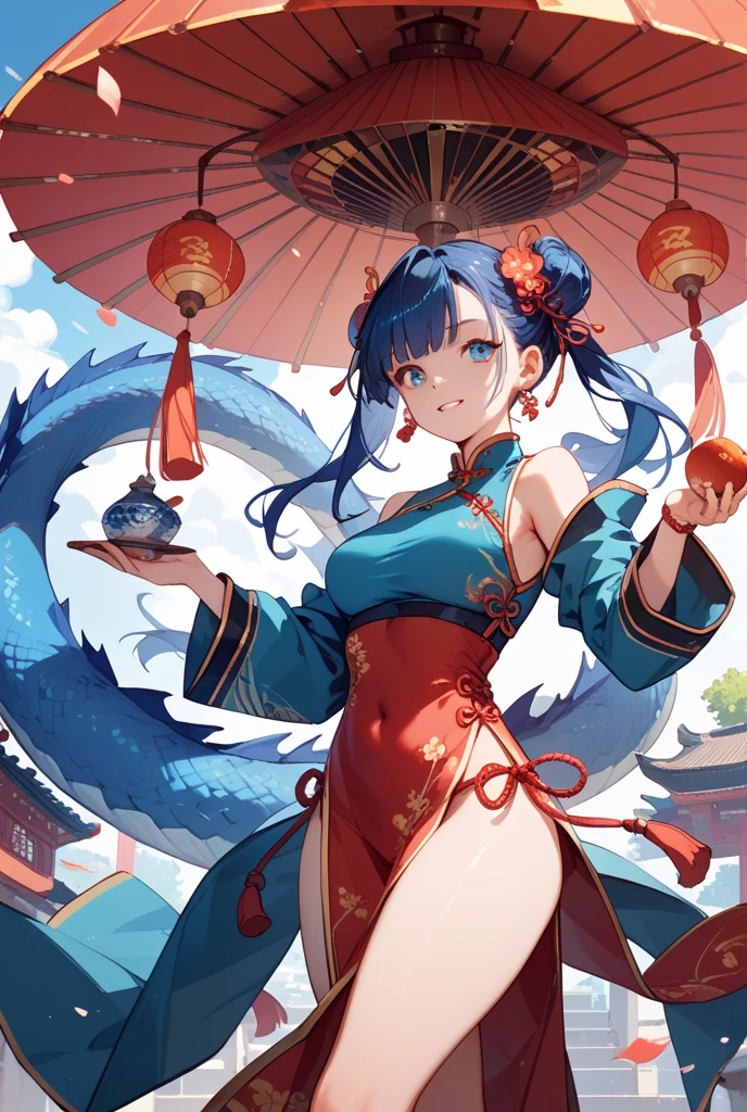 (1girl in:1.2), (Solo:1.2), nffsw、Shaders、Brilliant Textured Work、Ultra-detailed eyes、ultra-intricate pupil in eyes、top-quality、Draft style、blue hairs、shorth hair、blue dragon、Blue Dragon Horn、Blue Dragon's Tail、red eyes、Shining eyes、Blue cheongsam、slit、skinny legs、Raw feet、Standing Picture、Dynamic poses、Front angle、large full breasts、sideboob barbosa、bulging breasts、Chinese style background、No letters、Have meat buns、