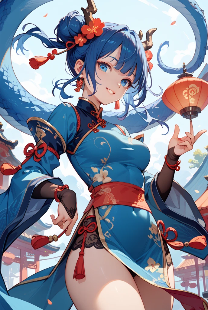dress, braid, chinese clothes, blue headwear, ofuda, blue skin, jiangshi, qing guanmao, absurdres, RAW photo, extremely delicate and beautiful, masterpiece, Best Quality, ultra high resolution, 32k, hyperrealistic, ultra-detailed, detailed description, pale skin, 20 years old, tearful mole, earring, Colossal tits, short medium hair, wavy hair, evil grin, whole body shot,