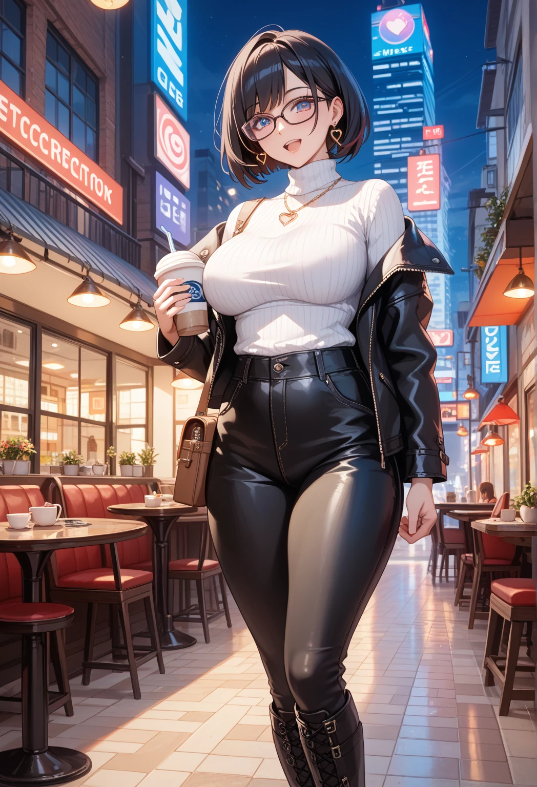 mature woman, mature face, hot face, glossy lips, (black hair, short hair, bowl hair, hime bangs), sunglasses, mature body, big breast, gray tank top, black leather jacket, tight pants, sidewalk, (night)