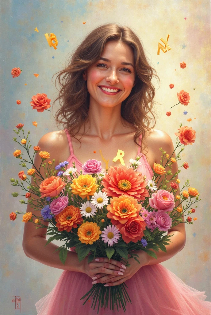Fat woman with long hair holding a bouquet of flowers