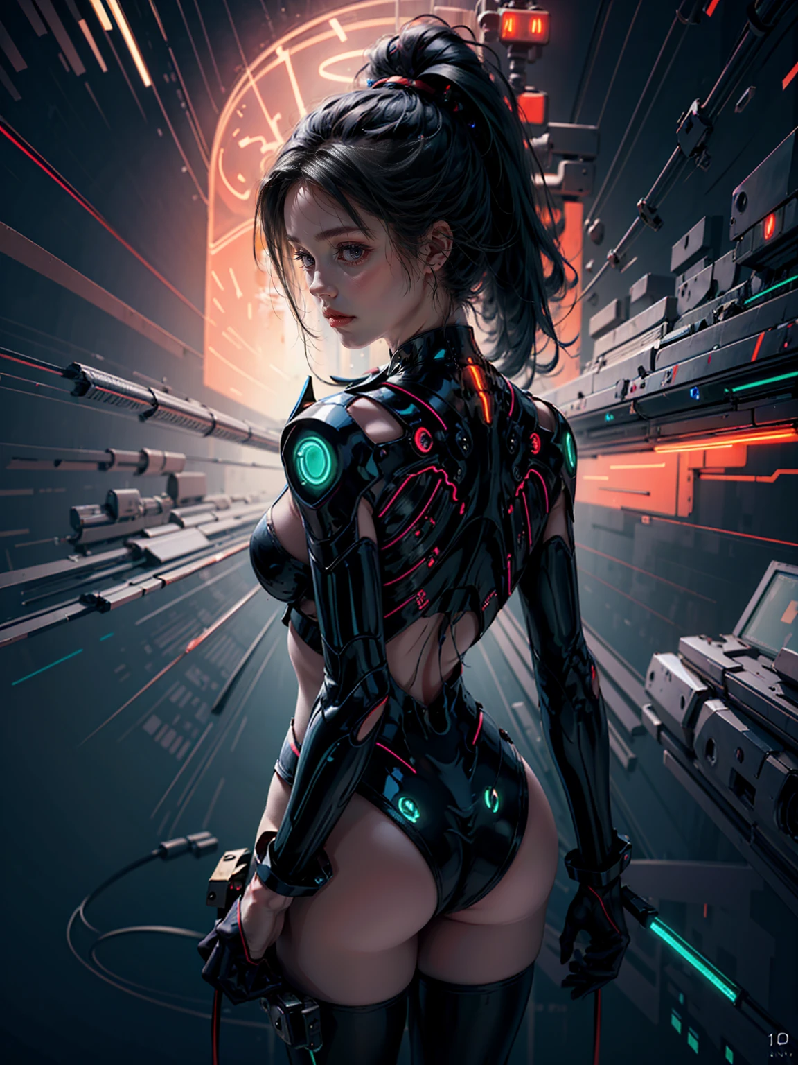 top quality, future world, State-of-the-art robot, Beautiful Woman, flying hair, Transformed into a cyborg except for the face, sexy images, whole body photo, ((Athlete, short put))