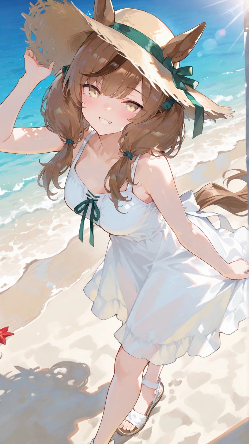 (((masterpiece:1.2、top-quality)))、((1little girl、独奏、The upper part of the body:1.2))、 ((Beautiful and detailed eyes))、garments:White flowing maxi dress、a wide-brimmed hat、and strappy sandals、 The hair:loose beach waves、 make - up:natural, Glowing skin、 BEReaction:relax、easygoing、Free-spirited、 The location:the beach、Resort、outdoor festival、Blue eyes、small tits