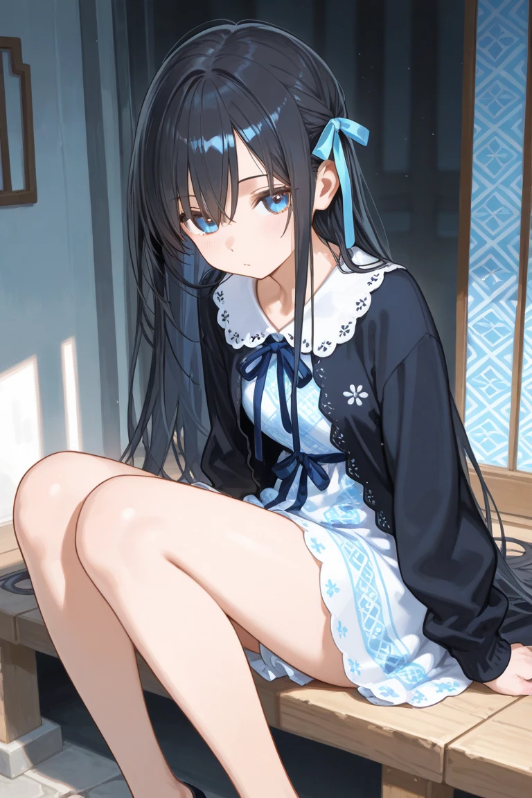 Black Hair、Semi-long hair、Blushing、In underwear、I can see her panties、M-shaped legs、On the bed、
