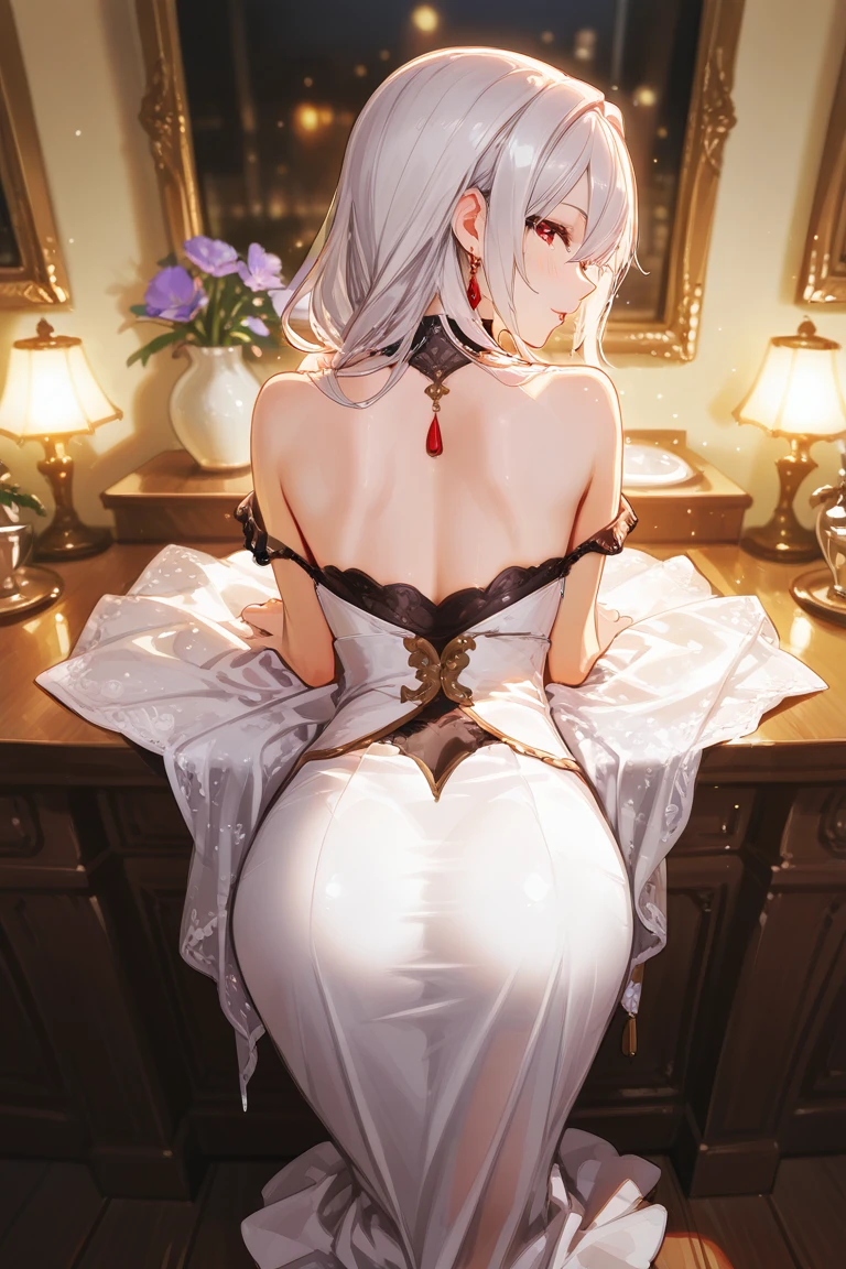 1 girl, big breasts, Black panties, black bra, doggystyle pose, back view, white long hair, член во рту