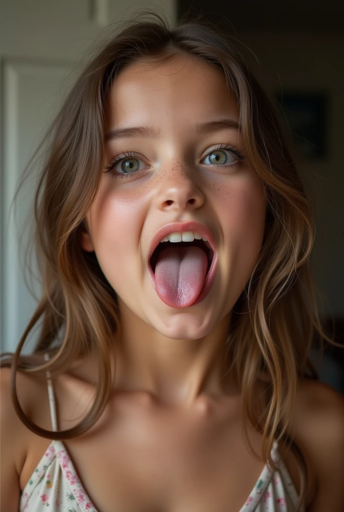 Closeup photo of a girl with dizzy eyes looking and her tongue is out. Wearing a bra from which her breasts can be seen