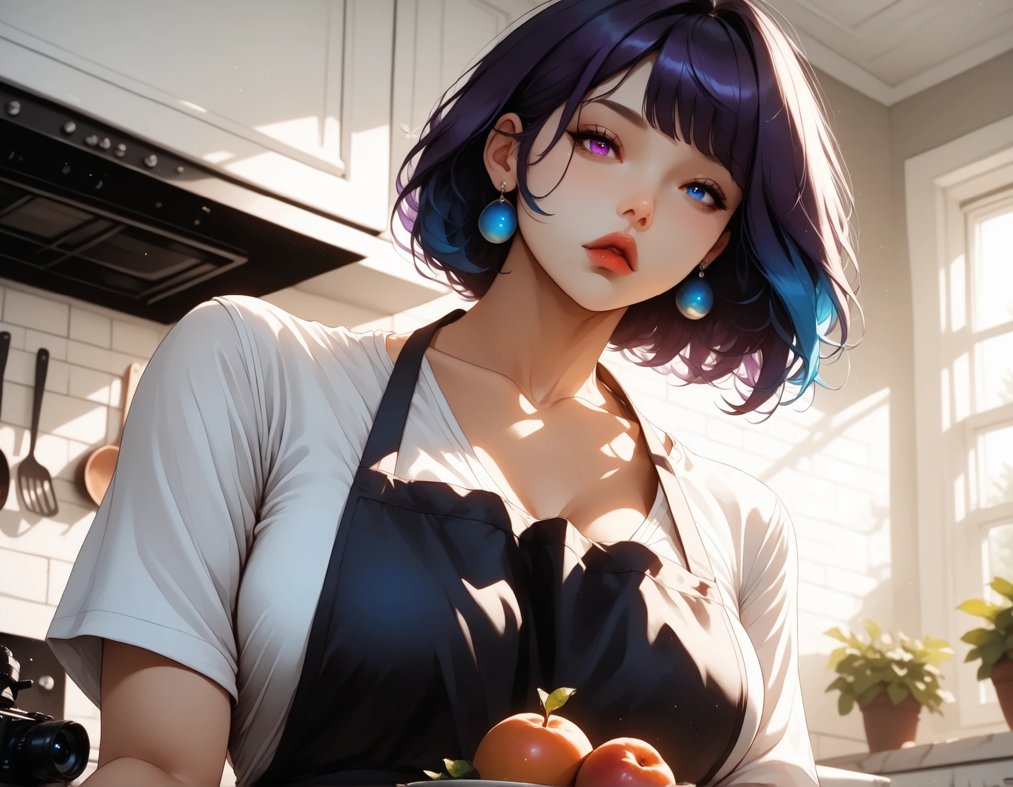 (masterpiece:1.2), (best quality:1.2), ultra detailed, 8k, watercolor, cinematic lighting, volumetric_lighting, rim light, soft shadows, ((forced_perspective)), (Diminishing scale perspective:1.3) BREAK (kitchen, indoors, solo, upper_body, from_below, looking_at_viewer) BREAK (1girl, multicolored_hair, two-tone_hair, blue_hair, purple_hair, heterochromia, blue_eyes, purple_eyes, short_hair, medium_hair, bangs, parted_lips, earrings, jewelry) BREAK (hand raised toward camera, fingers curled around glossy fruit, parted lips hovering near it, subtle tension in neck) BREAK (apron, casual shirt, muted cotton, warm kitchen light pooling over her chest), (lora:Yandere Queen:0.85), (lora:Detail Tweaker XL:0.65), (lora:Fantasy Western Anime:0.45), (lora:Dark Realism (Anime):1.0), (lora:Dramatic Chiaroscuro:1.0), (lora:Vampire Hunter D Bloodlust Style [Pony XL]:0.3), (lora: lora:Degen_SG_pdxl_v2:1)
