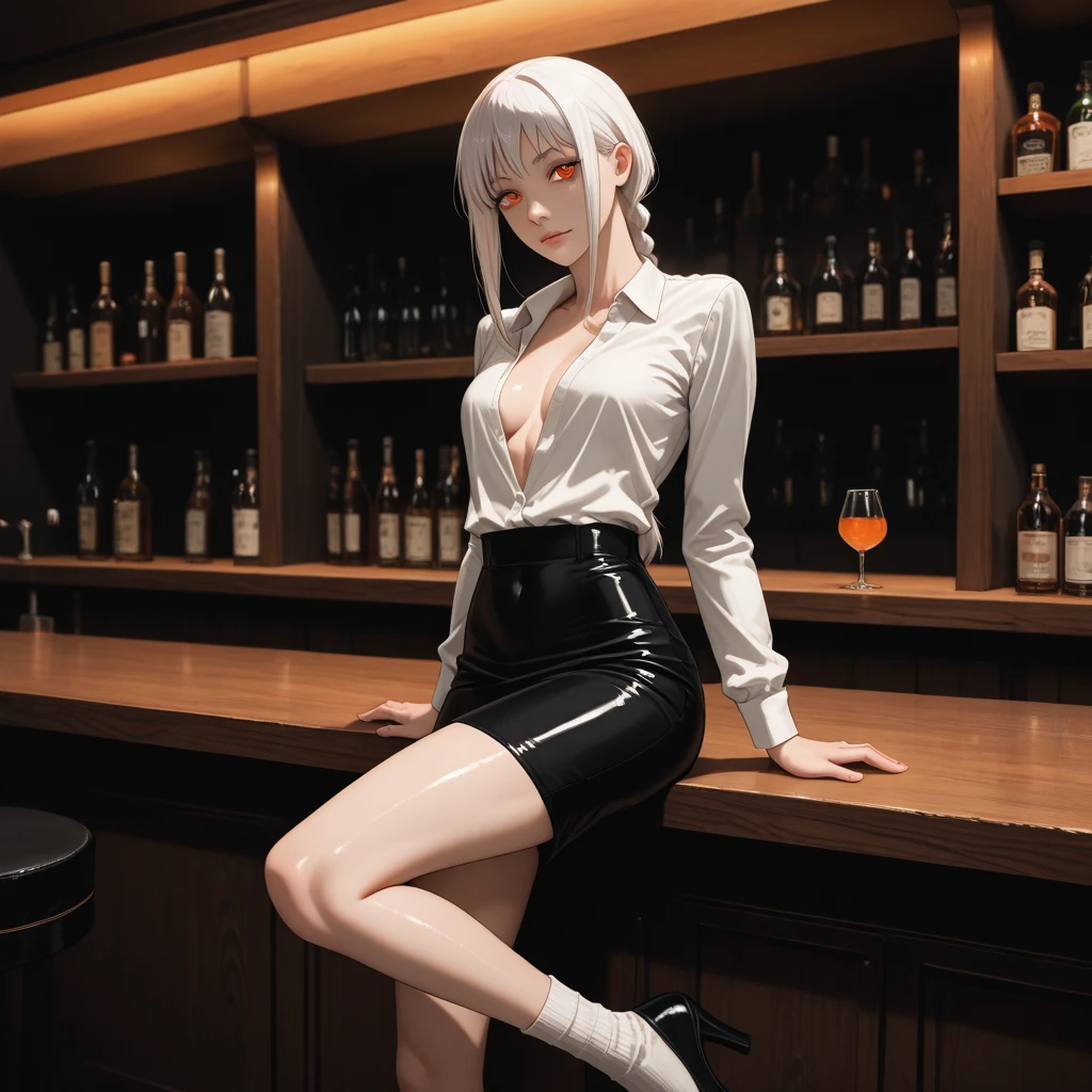 anime style mujer adult hair long white and eyes color red, usando un vestido con mucho escote con los pezones erectos sentada en una silla de un restaurante 