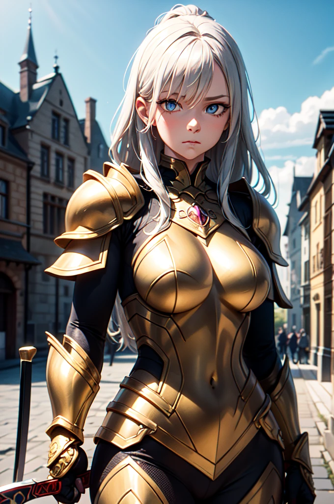 fullllbody、White-haired、(dragoon: 1.2)、Brantovan、шедевр、beste-Qualit、offcial art、Highly elaborate CG Unity 8K wallpapers、For girls、Super-High Resolution、(photo- realistic:1.4)、Golden Hour Lighting、Medieval armor、(Upper body body)、(Platinum Shorthair:0.8)、(Puffy eyes)、watch audience、Front-facing、a smile、mideum breasts、Gentle smile、shirts lift、Medieval castle scenery