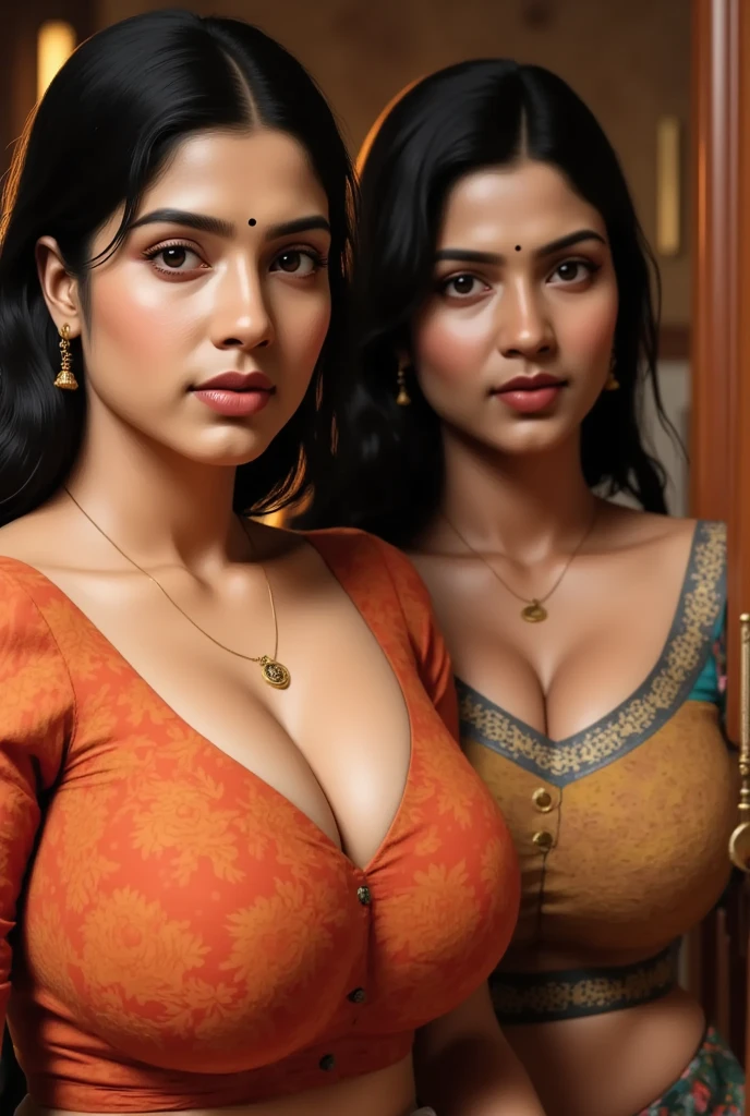 there is an indian village woman, simple sexy revealing black and gold laced color strapless bra, (((jewelry))), 8k wallpaper, village milf, village mom, ((1 person, 1 girl)), highquality, ((gigantic humongous big breasts)), choker around neck, 30yo, (medium messy hair:1.2), floating hair NovaFrogStyle, messy hair, (((extremely fair skin, extremely sweaty skin))), candid photograph, side profile, looking out the window, thick hips, (((giving hug from behind)))