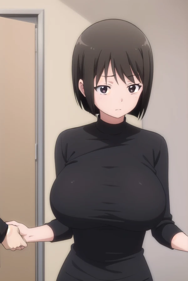 (((closer view , from below)))), quality, highres, 1girl,  focus, (huge breasts:1.2), , hinata , wide hips  , milf body , portrait couple grabbing breasts (bedroom), young woman smile, large breasts, nipples, ((((1boy:grabbing from behind, grab another's breast , boy hand on breasts , grab_breast))))