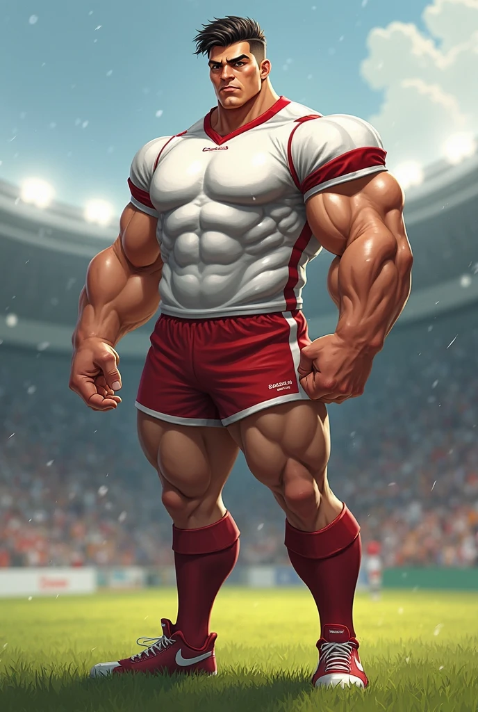 Robust champion man, torso exposed, legs bare from thighs to feet flowing long curls, meticulous muscle definition, lifelike representation, 4K resolution. Background: Stadium filled with cheering spectators,32k uhd, best quality, masterpiece, super detail, high details
