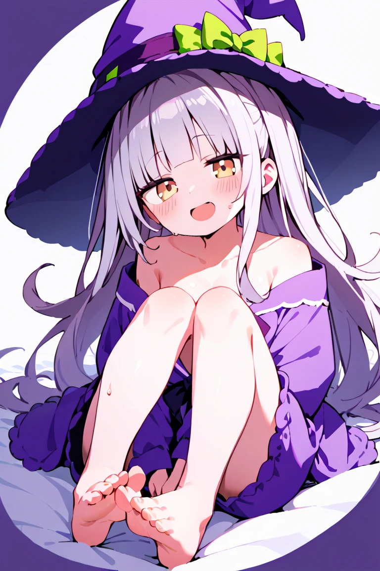 The woman has long white hair down to her waist, wears a cute pink hat, wears pink casual clothes and wears a fairly small skirt with bleck socks covering her legs up to her thighs. in a pregnant position wearing witch clothes