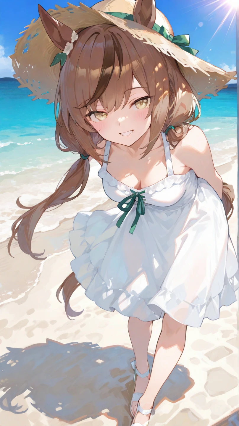 Kotori Minami, kotori minami, brown hair, (brown eyes:1.5),, long hair,ビーチのsandy beachを散歩しながら、brown hair fluttering in the breeze, A large straw hat with a hibiscus on it,off shoulder dress,long skirt,barefoot、Light of the sun,ヤシの木
break outdoors, sandy beach, seaside,
break (masterpiece:1.2), highest quality, High resolution, unity 8k wallpaper, (figure:0.8), (detailed and beautiful eyes:1.6), highly detailed face, perfect lighting, Very detailed CG, (perfect hands, perfect anatomy),