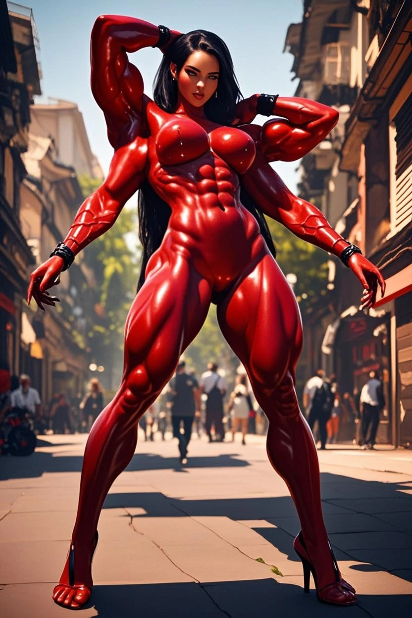 (beautiful girl:1.25), (megan fox:1.25), (young bodybuilder girl wearing cybernetic muscle suit:1.25), carnage muscular physique, seductive face, mouth wide open carnage style, long red hair, perfect muscular body, super skinny legs, ?????, femboy, (carnage style physique)