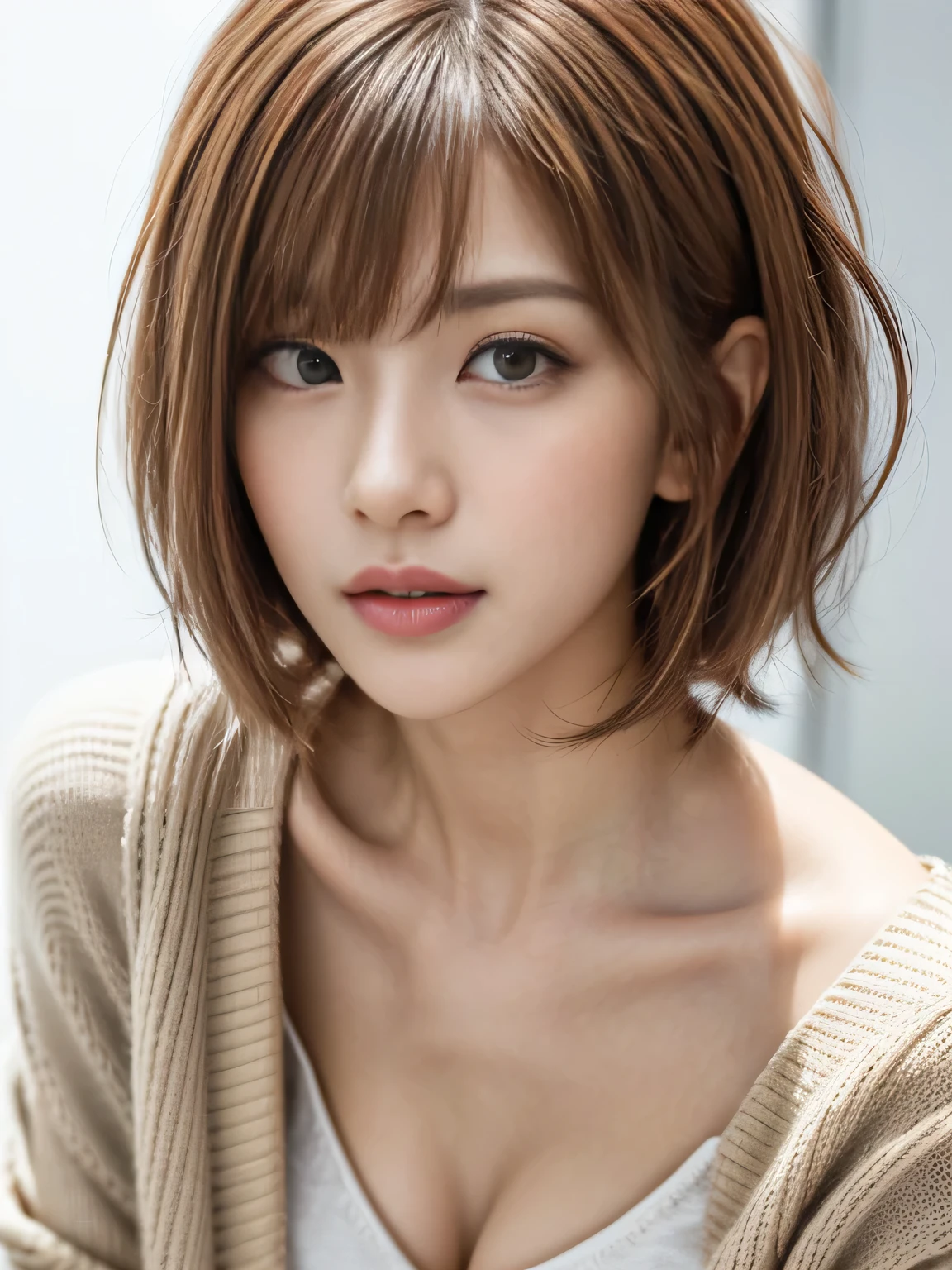 masterpiece, Highest quality, Very detailed, 8k, Realistic, One Girl, alone, Tomboy, Very detailed face, (head shot:1.5), Upper Body, silver pixie cut hair, She is wearing a short tank top and an open zippered hoodie., I can see her cleavage,Emphasise that you're not wearing a bra、Reaching into the pocket of a hoodie,Futuristic urban landscape