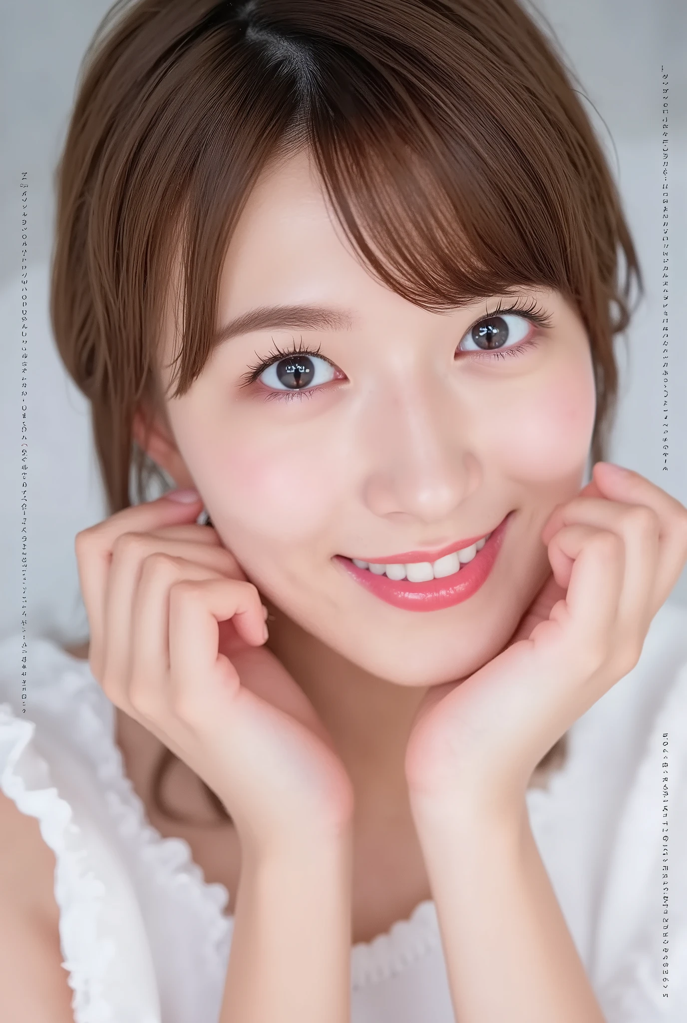 extreme close-up portrait, beautiful girl with her love-struck, radiant face filling the entire frame (95% face ratio), gently placing both open hands on her flushed cheeks with soft fingers, soft black camisole, white blurred background, eyes dreamy and half-lidded, deeply adoring gaze fixed straight at the viewer, irises ultra-detailed with intricate rainbow reflections and glowing catchlights, moist and sparkling eyes as if about to tear up from overwhelming joy, soft melting smile revealing slightly parted lips and upper teeth, skin with visible soft pores, realistic skin texture with warm lighting and subtle shadows, delicate eyelashes, glossy lips with natural highlights, cheeks glowing with deep blush, cinematic soft lighting, lifelike expression full of romantic euphoria, overflowing with happiness, warmth, and pure affection, subtly tilting her head as if whispering a name in total bliss, ultra photorealistic, masterpiece, 8K, hyperreal detail, skin pores, detailed iris texture, cinematic mood