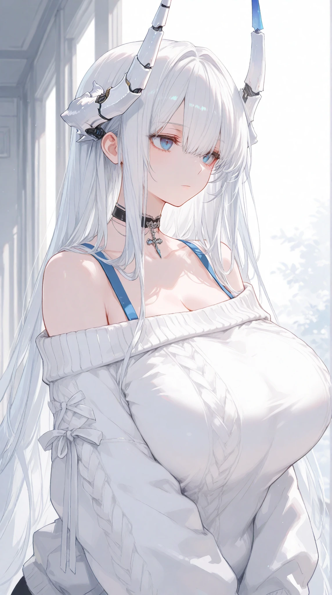 Woman with long silver hair, curvy body, wearing a long coat and a beautiful white frilly dress underneath, she also has beautiful blue eyes, and a confident smile