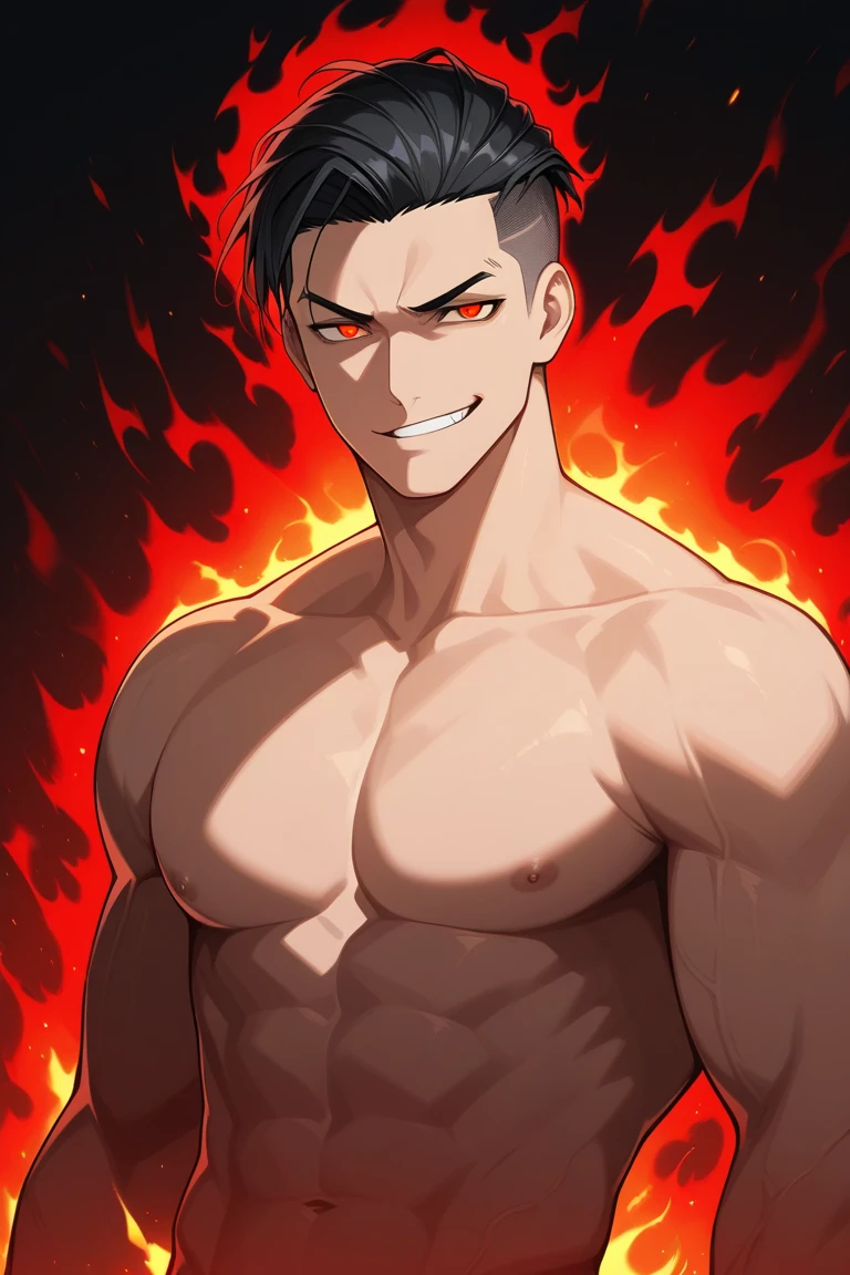 best qualityer, work of art, high resolution, 1 boy, firing, Kale, licking a man's tight ass, Asian, cabelo roxo, brawny, submissive