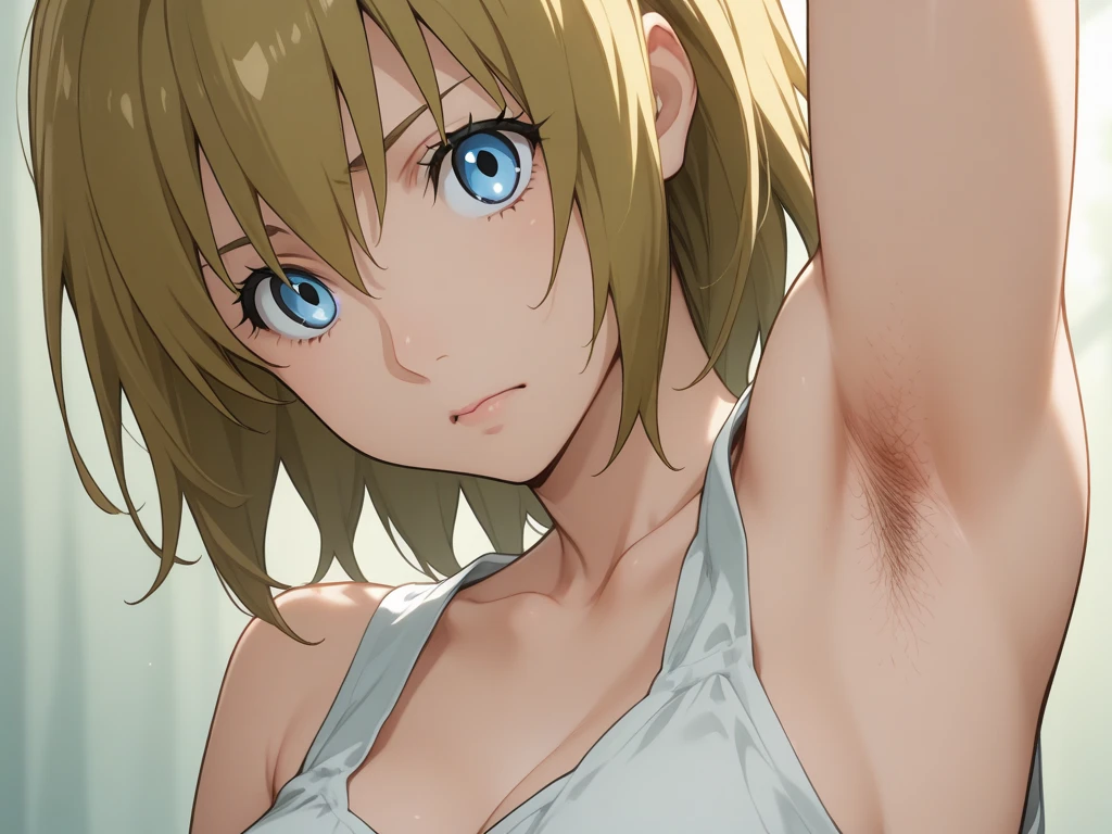 (masterpiece, top-quality, detaile, hight resolution, extremely delicate and beautiful, anime screen cap, anime colours, 8k, photorealistic), (nude:1.5, inverted nipples:1.5), (sagging huge breasts:1.8, spread breasts:1.5), Android 18, blond short hair, smile, blush, ((lying, on back:1.5, upper body:1.5, slim:1.5)), breast focus, looking away:1.2, ((perfect detailed anatomy, Beautiful eyes&hair, beautiful face, beautiful breast&body, Shiny skin)), bed, Sweat,