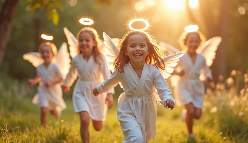 Create a hyper-realistic, photorealistic image of a young child performing gospel music with an acoustic style. The child, full of innocence and joy, is singing passionately with a soft, warm light highlighting their features. Surrounding the child, ethereal angels with angelic beauty are gracefully floating, adding a celestial and serene ambiance to the scene. The background is softly blurred, emphasizing the heavenly and peaceful atmosphere of the performance.