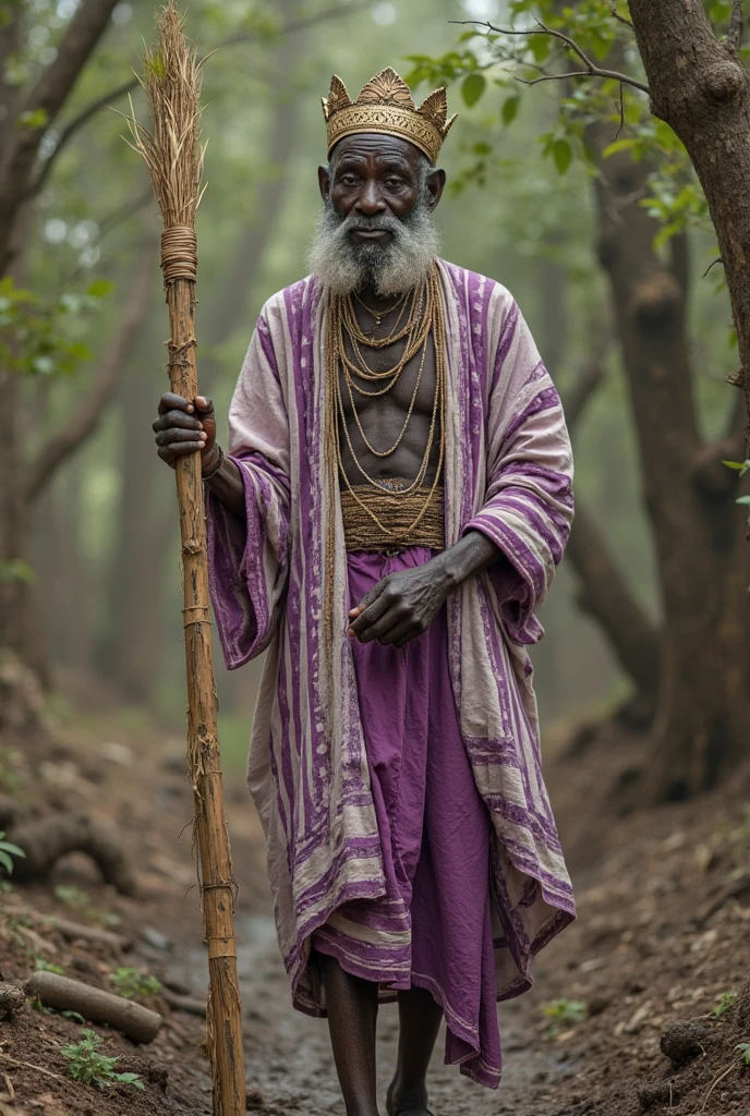 Orixa woman with black skin, old woman of Afro religion, Nana in pink clothing in the mud swamp with her purple head cloth and her cane in her hand made of tree branches