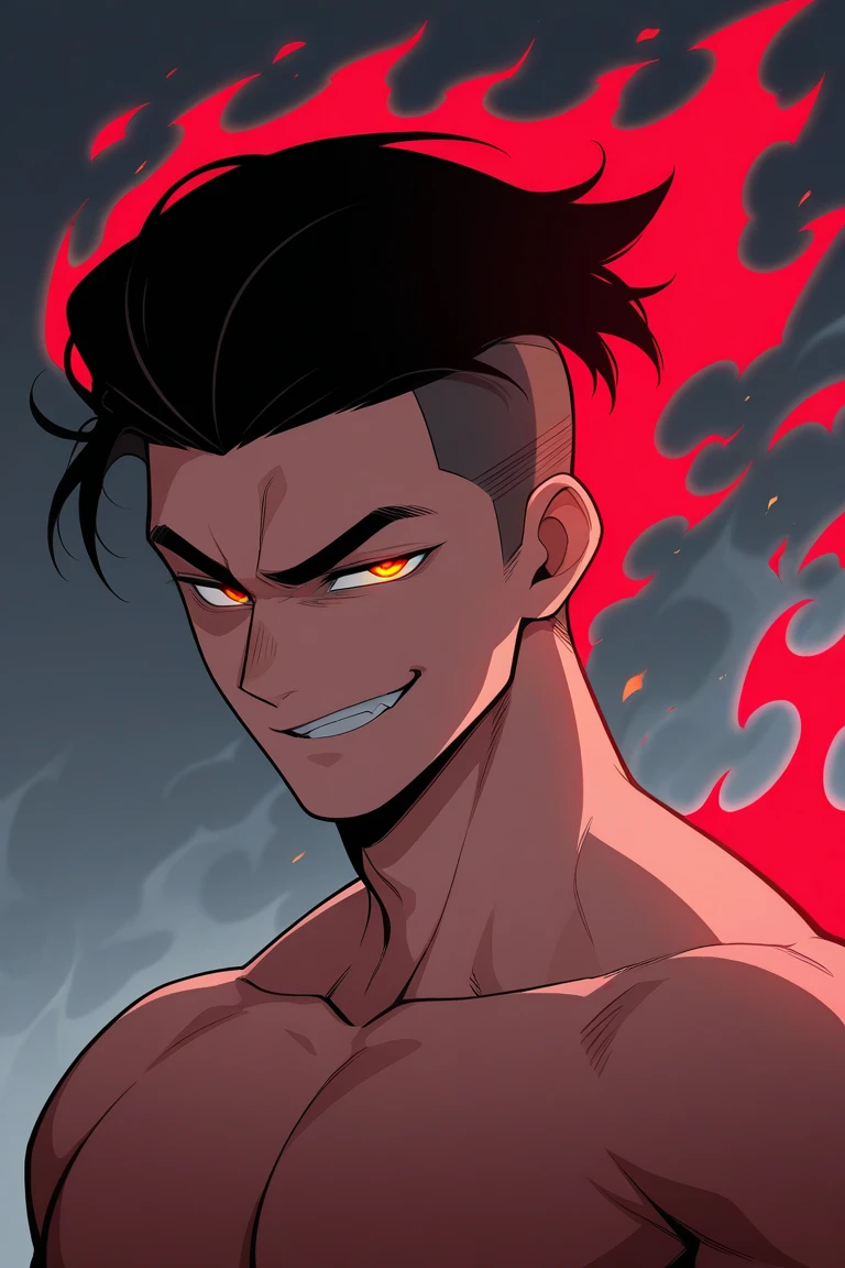 (Intricate details)), cinematic shot, HDR, ((Intricate details, hyper-detailed)), (masterpiece:1.3, high resolution) A muscular black man without a shirt with dark red tattoos and red monster arms hands legs and feet and also has hair made of fire, 1boy, red pupils, short black hair (short hair) black sweatpants, facial features (round face, evil smile), fiery hair