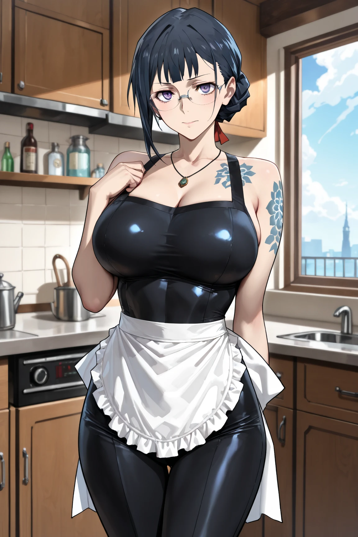 (masterpiece, best quality:1.4), illustration, 8k, hd, 1girl, solo, short_hair, blue_hair, dress, white_thighhighs, no underwear, short_sleeves, frills, apron, white_eyes, cleavage, metal_collar, anchor_choker, maid, white maid, ((muscular female, abs, fit, muscle arm, muscle leg, bare belly, showing off muscke, grin)), (restaurant, maid cafe)