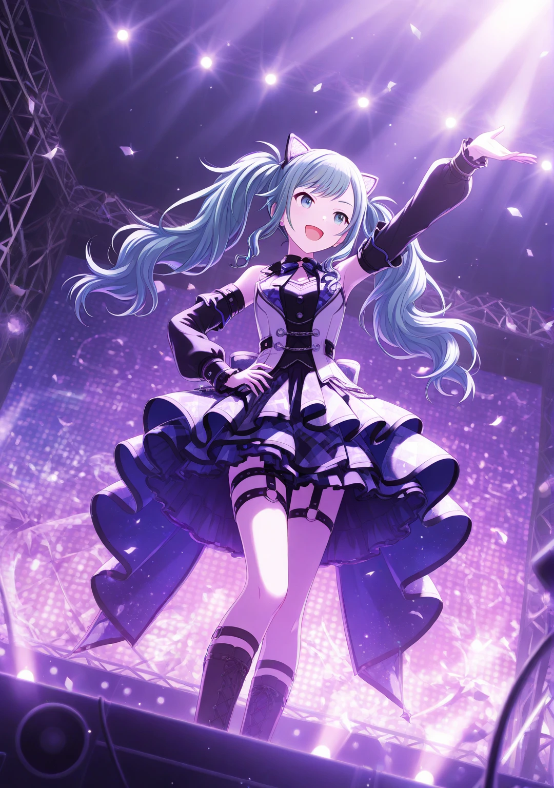 Illustration, movie light, high resolution, best quality, ultra detailed, detailed face, (detailed eyes), highest quality, super detail, masterpiece, (detailed face), pretty face, best smile, sexy mature woman, transparent (Lolita fashion: 1.5) cloth, ultra detailed embroidery, floating cloth, see-through, choker, open cross, NSFW, high heels, red eyes, neon small shiny hair ends, D cups, cleavage, AI fantasy concert, glowing lighting with neon details, (singing holding the microphone with left hand: 15), Singing with butt sticking out: 5, Idol, (Live stage: 1.15) To the packed audience in the background, reflection of light, heart-shaped iris, playful eyes, open shoulders, rain, (wet body), small glowing butterflies, hair jewelry, panties, ( Cute white string panties with ultra-detailed embroidered ribbon)
